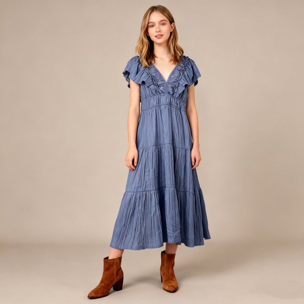 NWOT ANTHROPOLOGIE Ruffled Tiered Midi Dress In Blue Size XLP